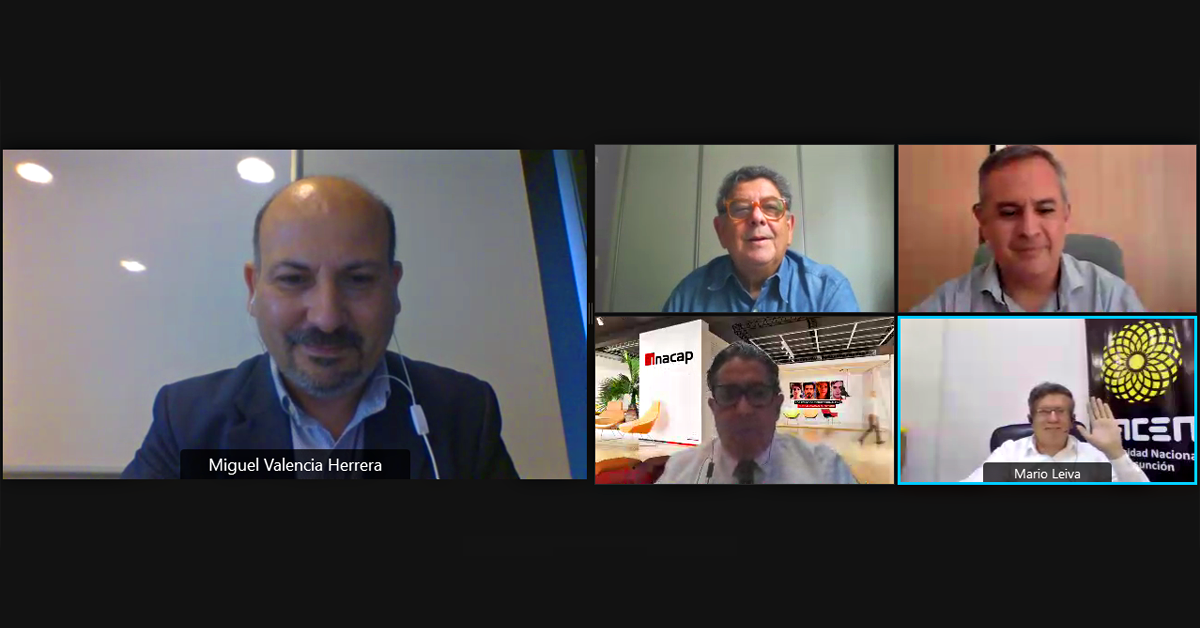 Bloque académico (de izq a der): Miguel Valencia Herrera (coordinador webinar INACAP); Julio Mota Martins de Almeida (Brasil); Ariel Andrade ( UTN -Argentina); Roberto Miño Parra (Chile) y Mario Leiva (Paraguay) Bloque académico (de izq a der): Miguel Valencia Herrera (coordinador webinar INACAP); Julio Mota Martins de Almeida (Brasil); Ariel Andrade ( UTN -Argentina); Roberto Miño Parra (Chile) y Mario Leiva (Paraguay)